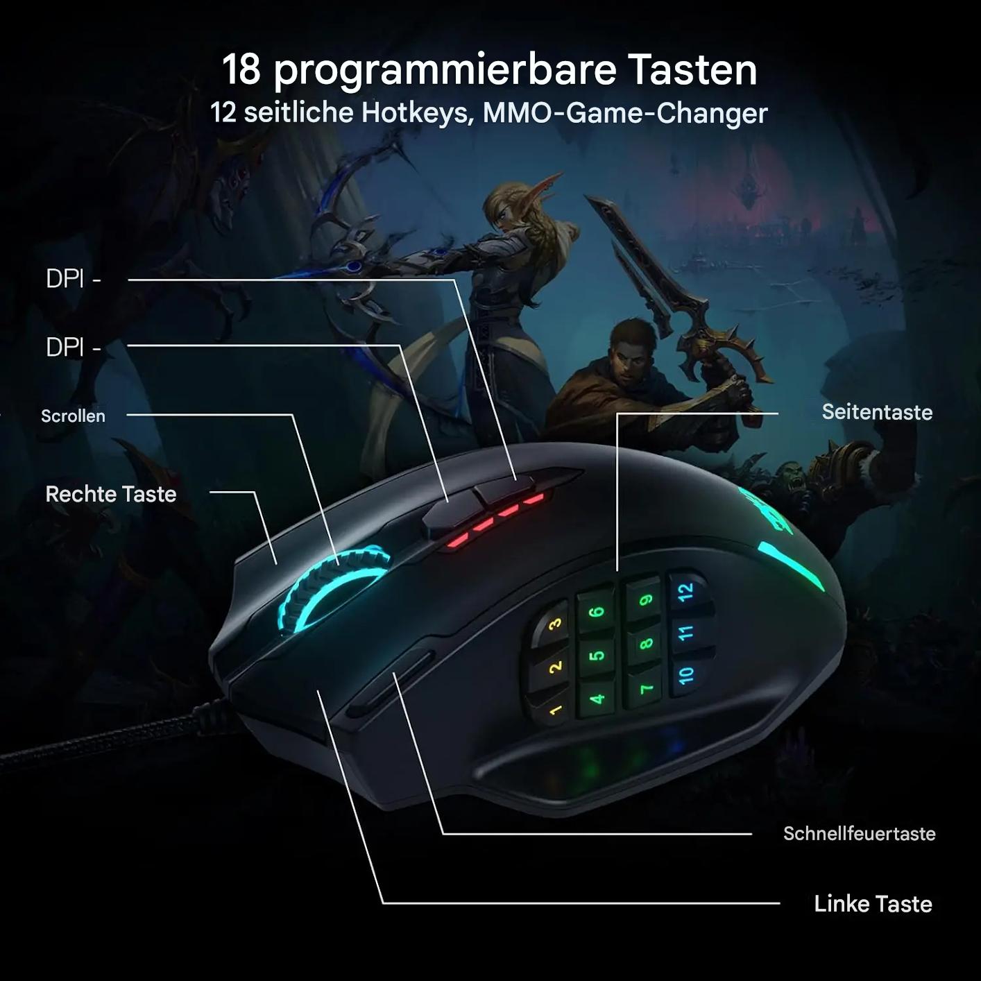 Redragon M908 – Professionelle RGB Gaming-Maus mit 18 programmierbaren Tasten & Laser-Präzision
