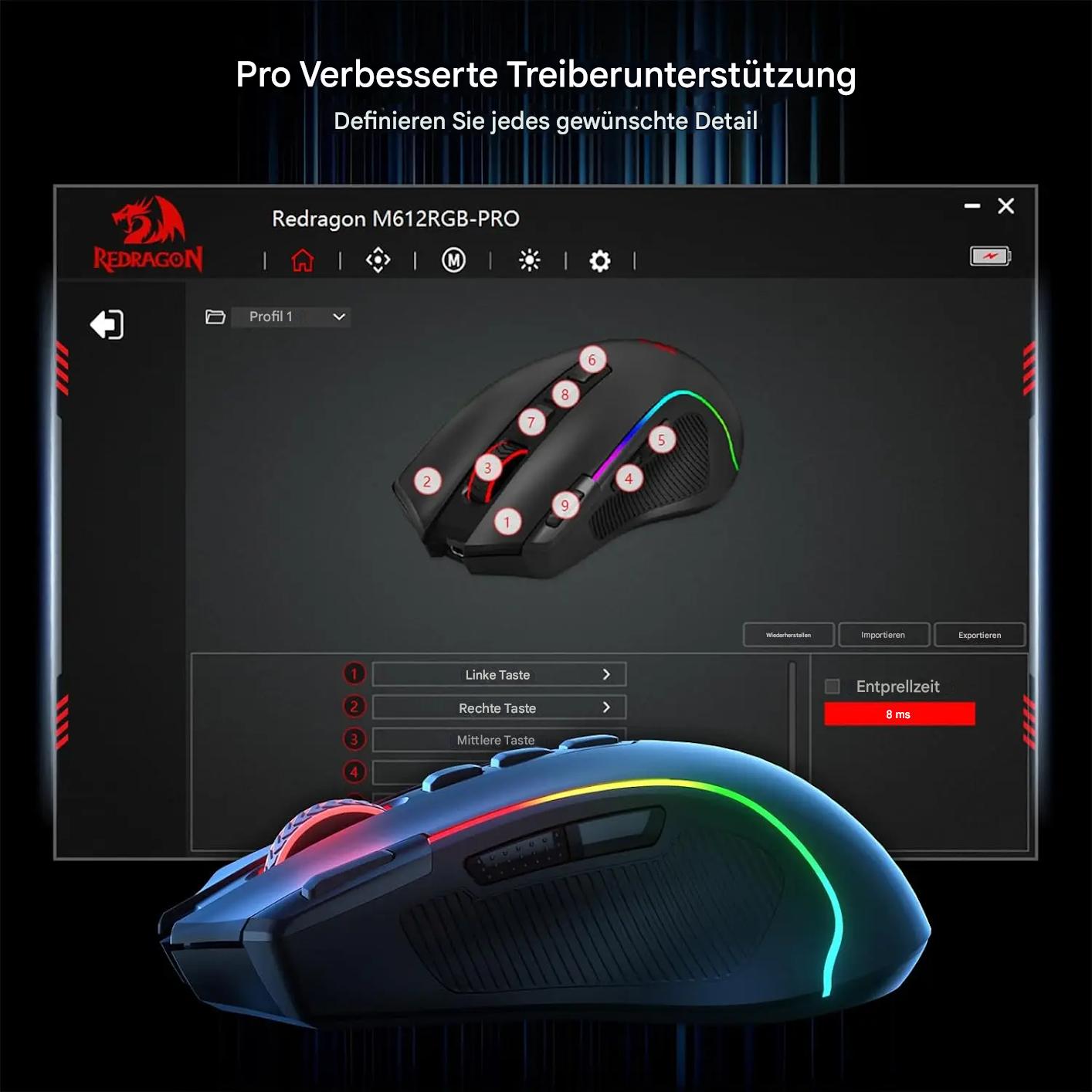 Gaming Maus M612 PRO Wireless mit mit 8000 DPI, RGB & 11 programmierbaren Tasten