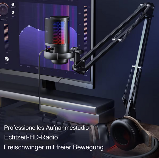 Pro RGB Mikrofon mit Armständer – Klare Aufnahmen & stylisches Licht